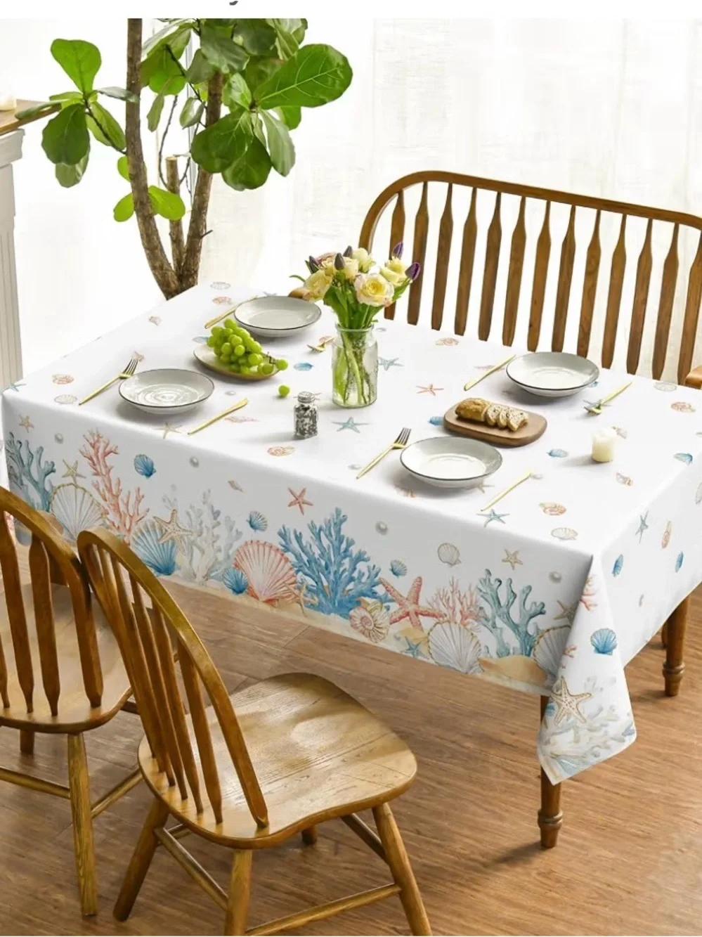 Coastal Seashell Tablecloth - White with Blue & Coral Accents nwot